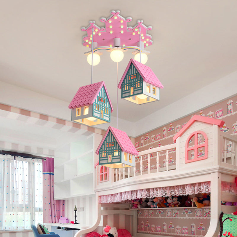 Wooden House Nursery Pendant Lamp - Creative Chandelier With 6 Bulbs For Ceiling Lighting