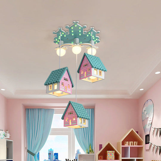 Wooden House Nursery Pendant Lamp - Creative Chandelier With 6 Bulbs For Ceiling Lighting