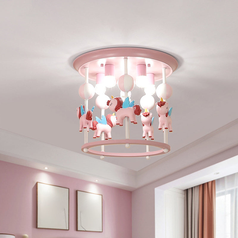 Nursery Flush Mount Light Fixture - Merry-Go-Round Resin 6 Heads Pink / A