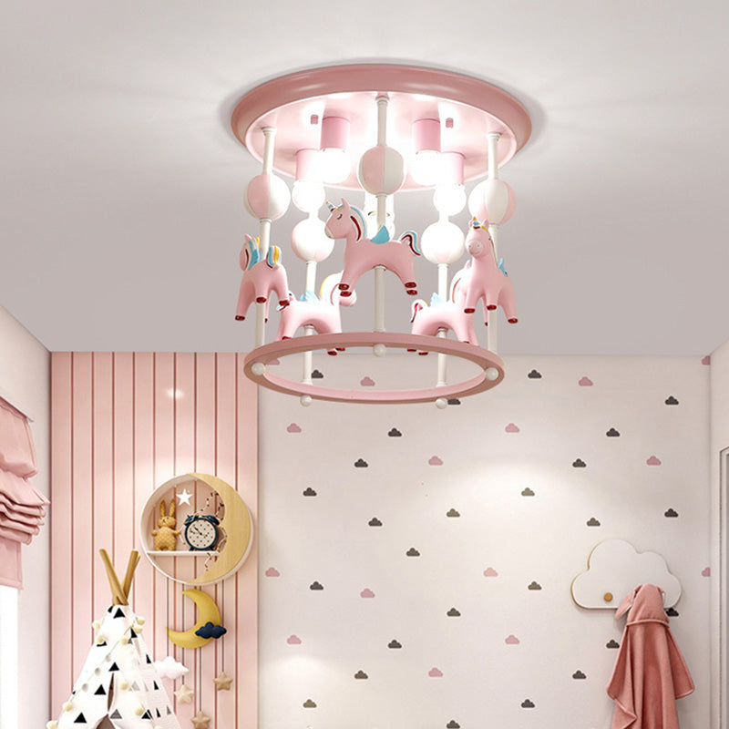 Nursery Flush Mount Light Fixture - Merry-Go-Round Resin 6 Heads Pink / B