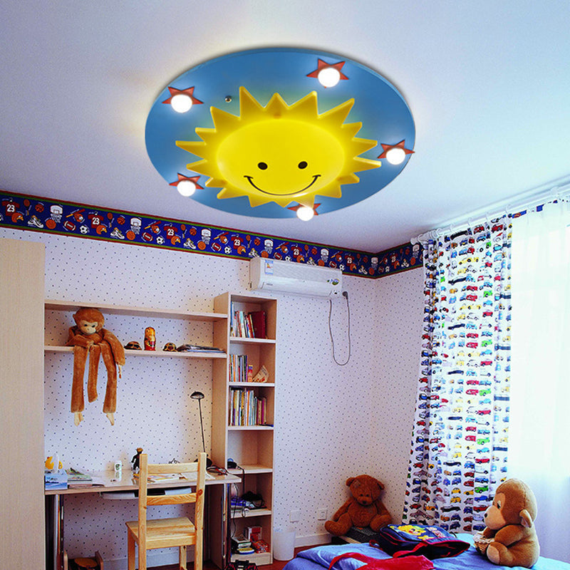 Blue Wood Flushmount Ceiling Light with 6 Bulbs for Kids' Bedroom