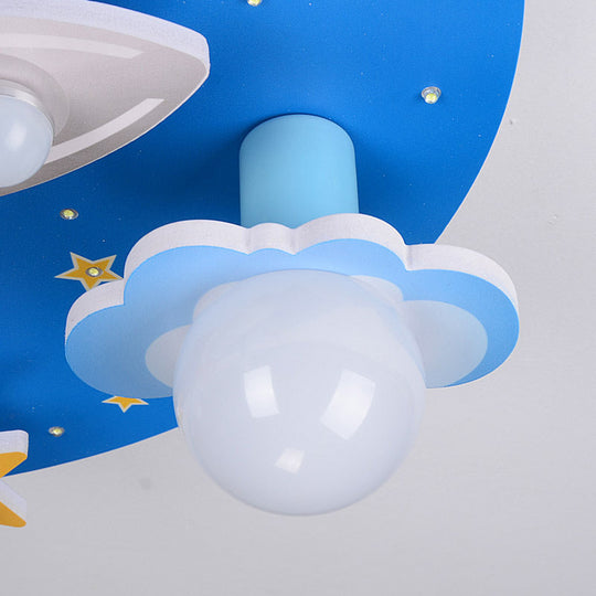 Blue Cloud And Star Wood Flush Mount Lighting For Bedroom - Creative 8 Heads Lamp