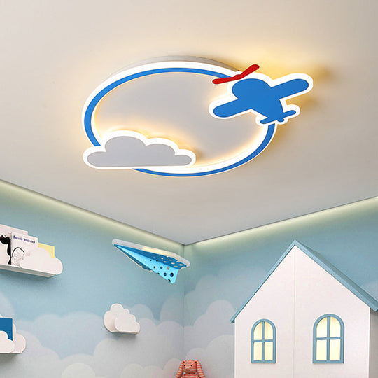 Blue & White Nursery Flush Mount Light - Metal Led Ceiling Fixture For Kids Room / Warm Small