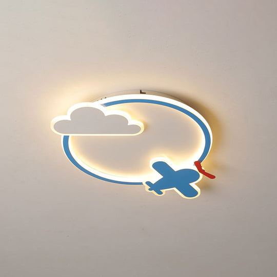 Blue & White Nursery Flush Mount Light - Metal Led Ceiling Fixture For Kids Room