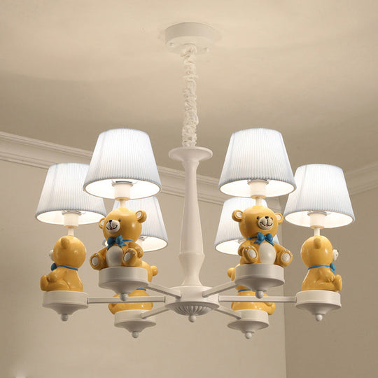 White Chandelier Light With Cartoon Fabric Bear Figurine - Perfect For Childs Room