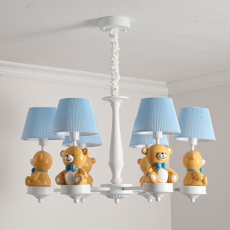 White Chandelier Light With Cartoon Fabric Bear Figurine - Perfect For Childs Room