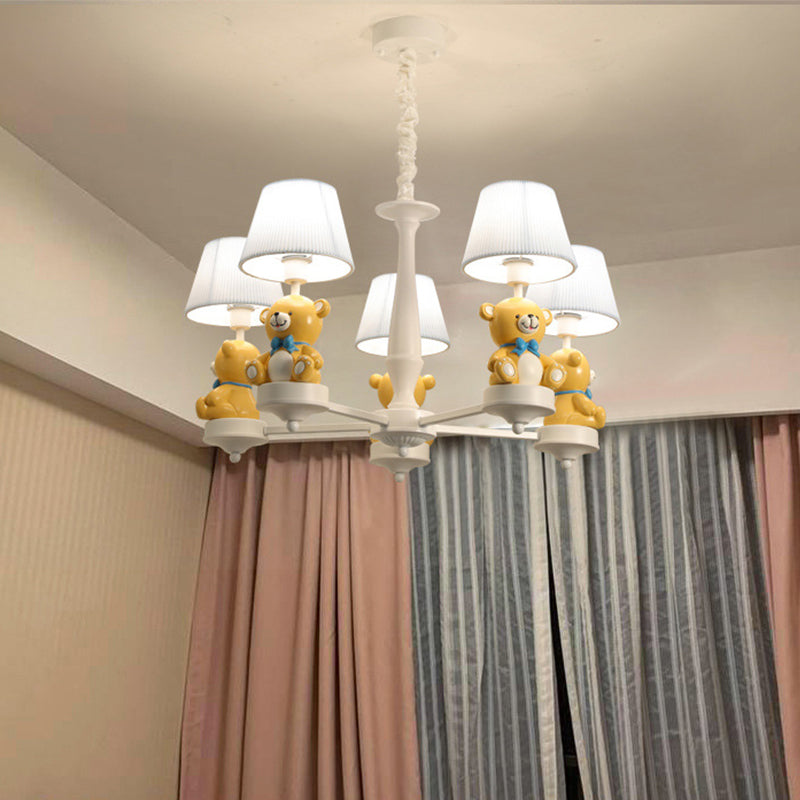 White Chandelier Light With Cartoon Fabric Bear Figurine - Perfect For Childs Room