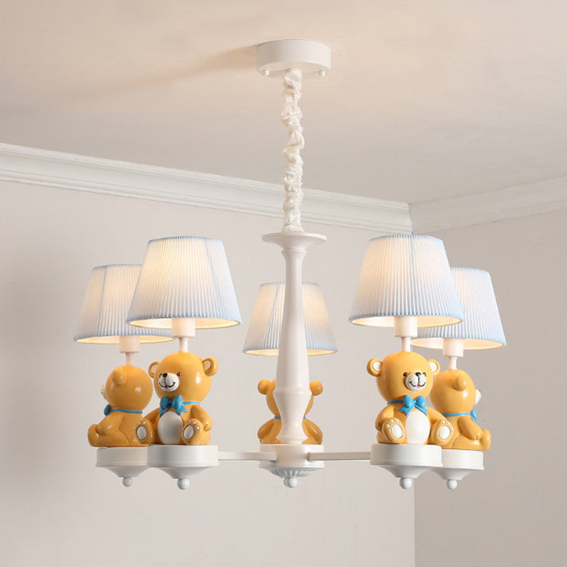 White Chandelier Light With Cartoon Fabric Bear Figurine - Perfect For Childs Room