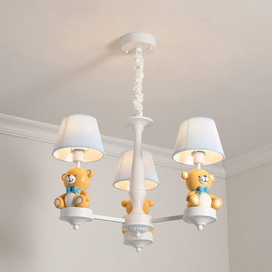 White Chandelier Light With Cartoon Fabric Bear Figurine - Perfect For Childs Room