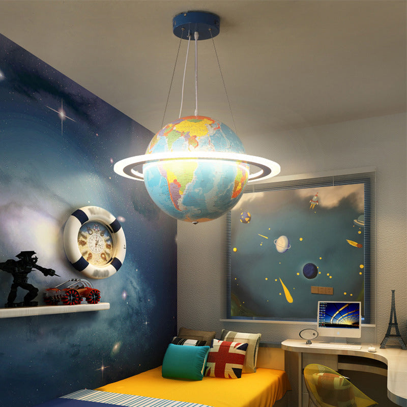 Blue Globe Chandelier Pendant With Led Acrylic Hanging Ring - Nursery Décor