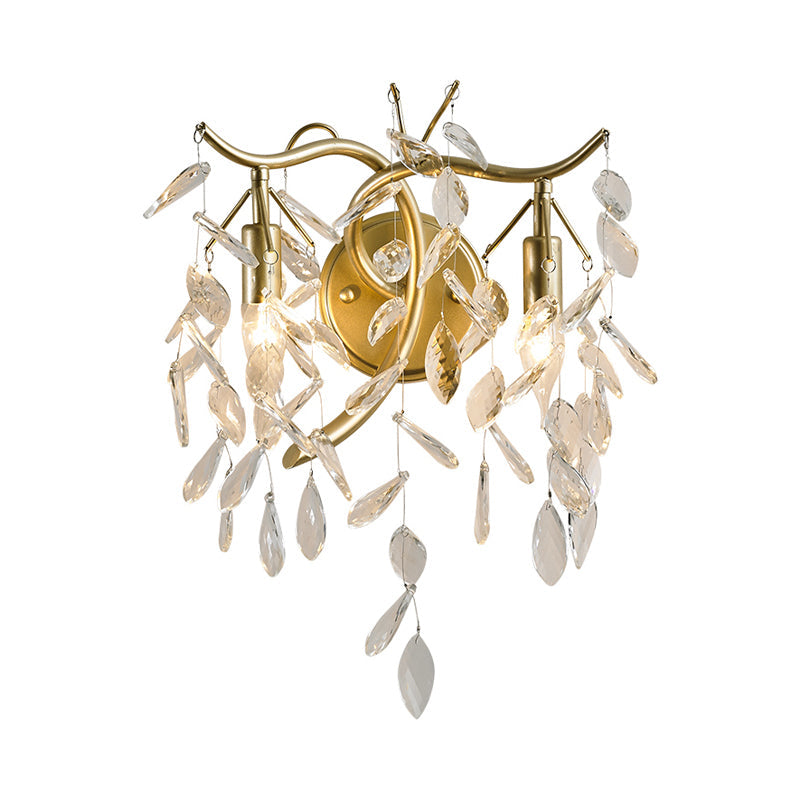 Vintage Gold Metal Candle Sconce Light With Leaf Crystal Strand - 2 Lights