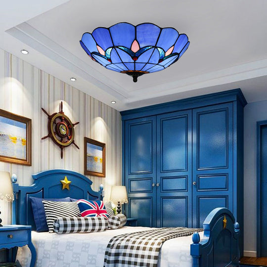 Blue Tiffany Dome Flush Mount Ceiling Lights with Jewel Decoration in Various Sizes for Bedroom