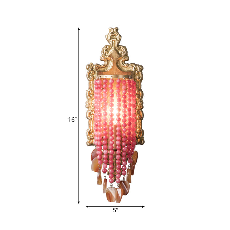 Vintage Crystal Wall Sconce With Pink Beaded Strand - 1 Light Bedside Mount