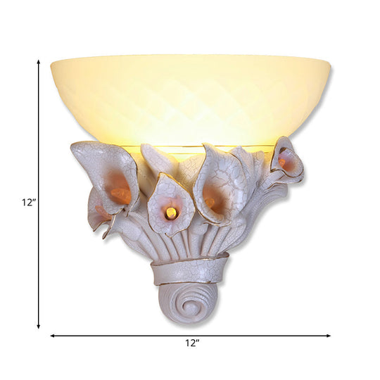 Vintage 1-Light Wall Sconce With White Glass Bowl And Flower Design