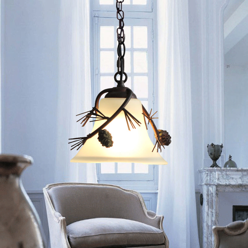 Rustic Milk Glass Bell Pendant Light - Bronze With Pine Decoration