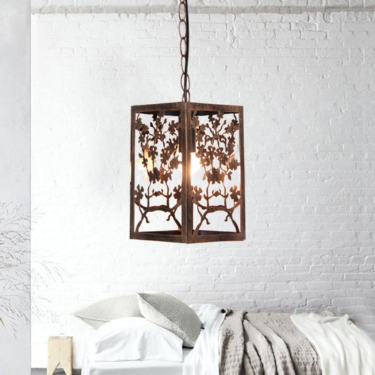 Rustic Pendant Ceiling Light With Cage - Traditional Metal 1 Hanging Lamp For Living Room