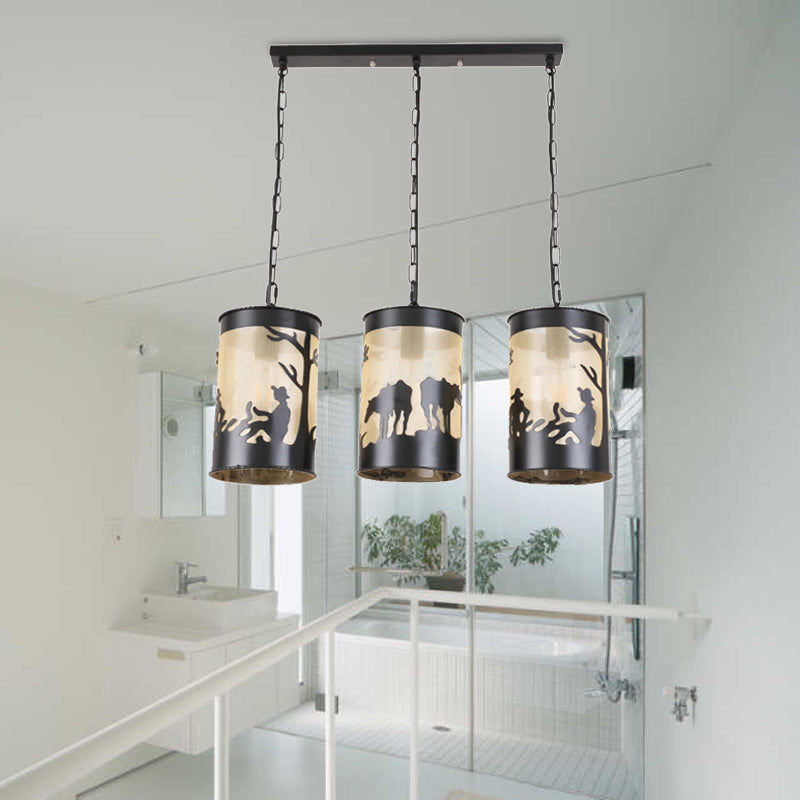 Country Metal Pendant Ceiling Light In Black/Antique Brass - 1/3 Lights Cylinder Fixture