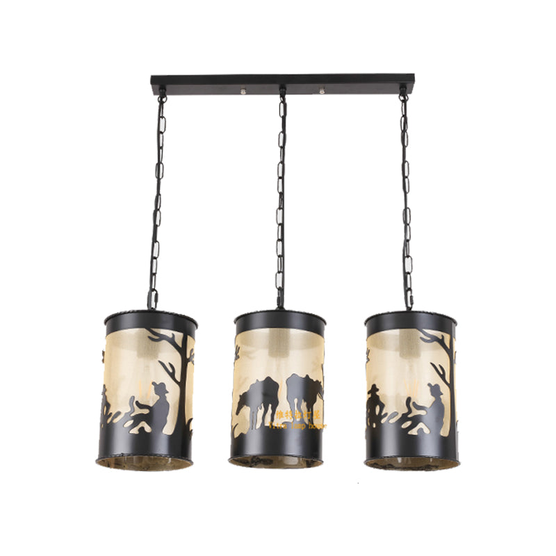 Country Metal Pendant Ceiling Light In Black/Antique Brass - 1/3 Lights Cylinder Fixture