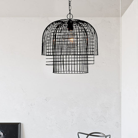 Vintage Black Wire Cage Pendant Light - Stylish Metal Ceiling Fixture For Living Room