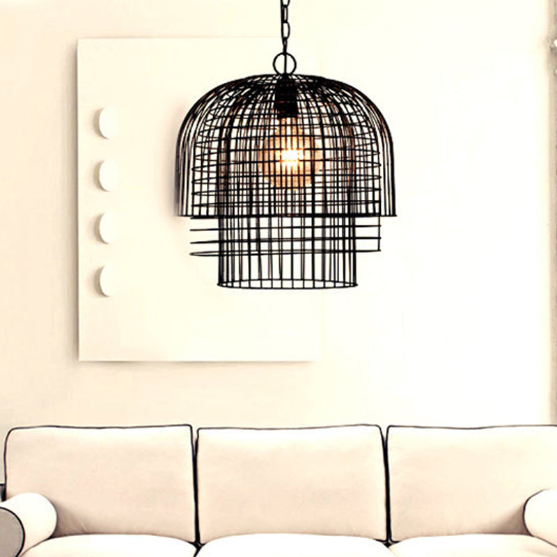 Vintage Black Wire Cage Pendant Light - Stylish Metal Ceiling Fixture For Living Room