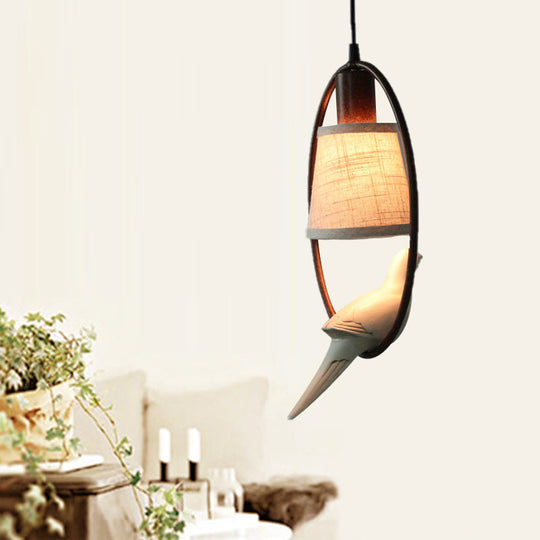 Traditional Tapered Fabric Pendant Light With Bronze Ring Frame - 1 Ceiling Hanging Fixture For