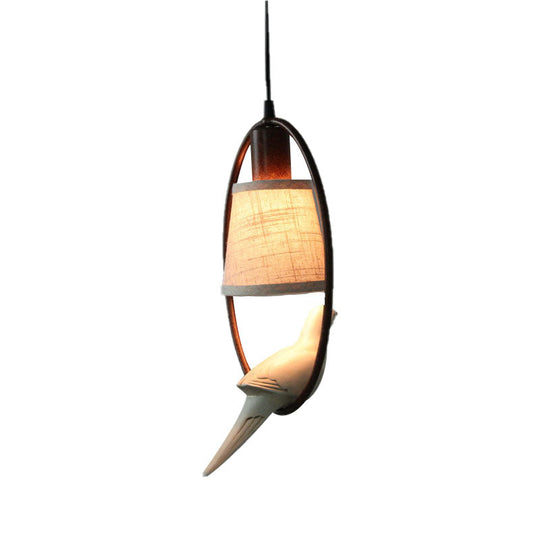 Traditional Tapered Fabric Pendant Light With Bronze Ring Frame - 1 Ceiling Hanging Fixture For