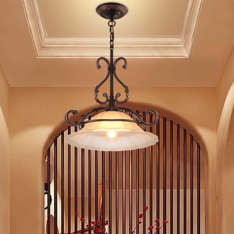 Vintage Frosted Glass Pendant Light With Flared Design And Black-Gold Arm For Dining Room