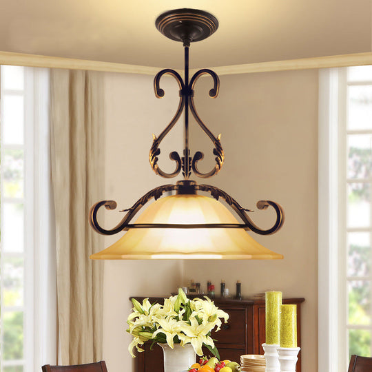 Vintage Frosted Glass Pendant Light With Flared Design And Black-Gold Arm For Dining Room