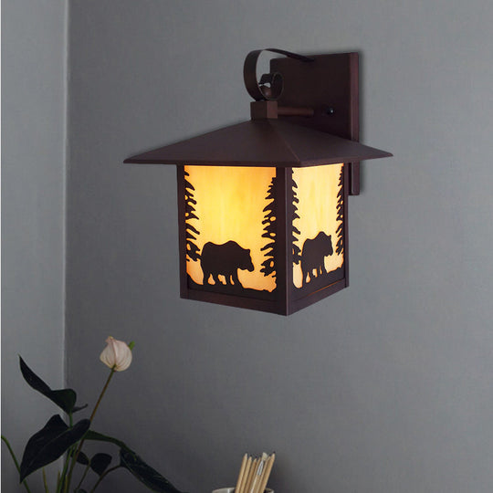 Copper Wall Mounted Lantern Sconce With Amber Glass Shade