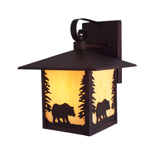 Copper Wall Mounted Lantern Sconce With Amber Glass Shade