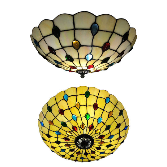 Tiffany 3-Light Beige Flush Mount Ceiling Light for Bedroom with Colorful Jewel and Floral Shade – 19.5"/16" Width