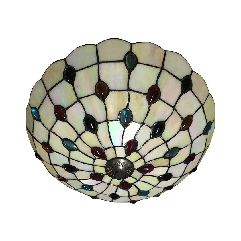 Tiffany 3-Light Beige Flush Mount Ceiling Light for Bedroom with Colorful Jewel and Floral Shade – 19.5"/16" Width