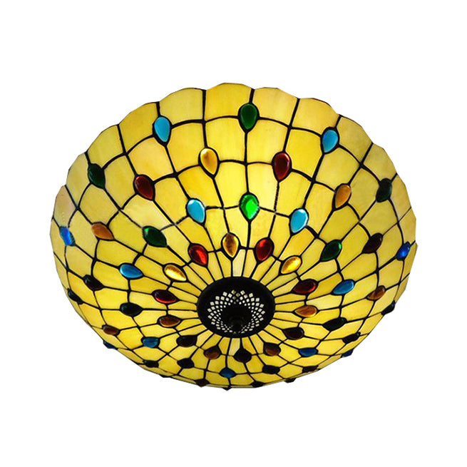 Tiffany 3-Light Beige Flush Mount Ceiling Light for Bedroom with Colorful Jewel and Floral Shade – 19.5"/16" Width