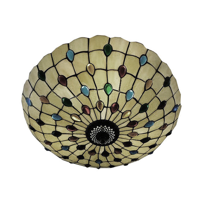 Tiffany 3-Light Beige Flush Mount Ceiling Light for Bedroom with Colorful Jewel and Floral Shade – 19.5"/16" Width