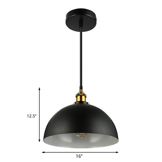 Antique Style Metallic Domed Pendant Light for Restaurant - Black/White, 12"/16" Dia