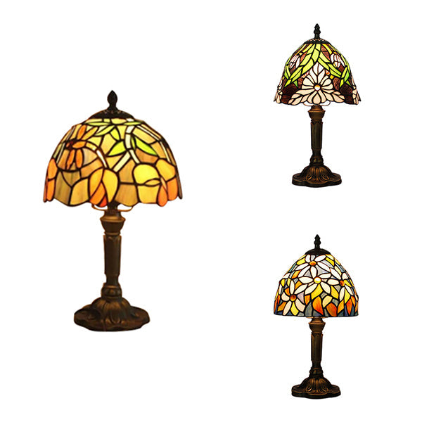 Vintage Rustic Stained Glass Table Lighting With Bronze Stand - Coffee Shop Décor