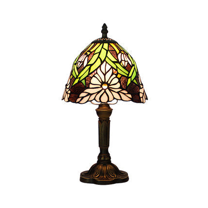 Vintage Rustic Stained Glass Table Lighting With Bronze Stand - Coffee Shop Décor / Leaf