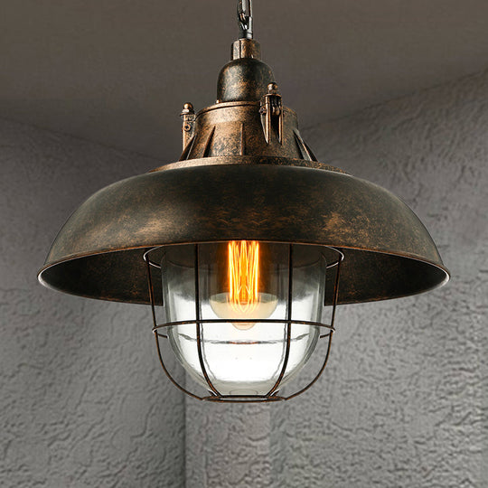 Industrial Black/Rust Metal and Glass Ceiling Light with Wire Cage - 1-Head Bowl Hanging Fixture for Restaurants