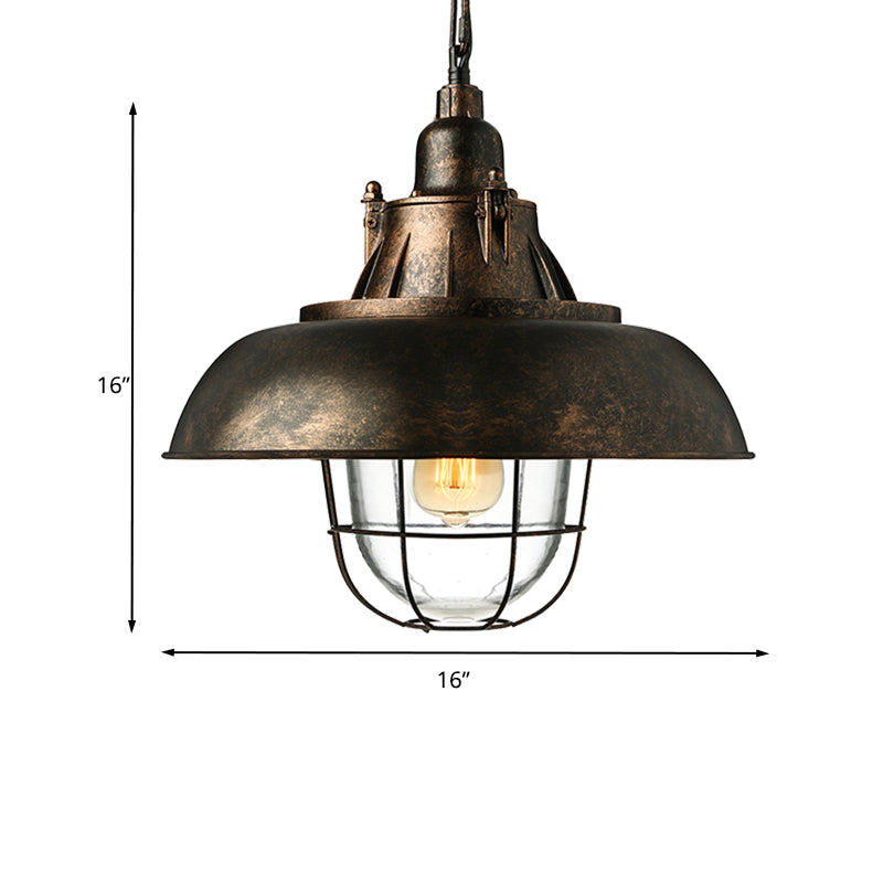 Industrial Black/Rust Metal and Glass Ceiling Light with Wire Cage - 1-Head Bowl Hanging Fixture for Restaurants