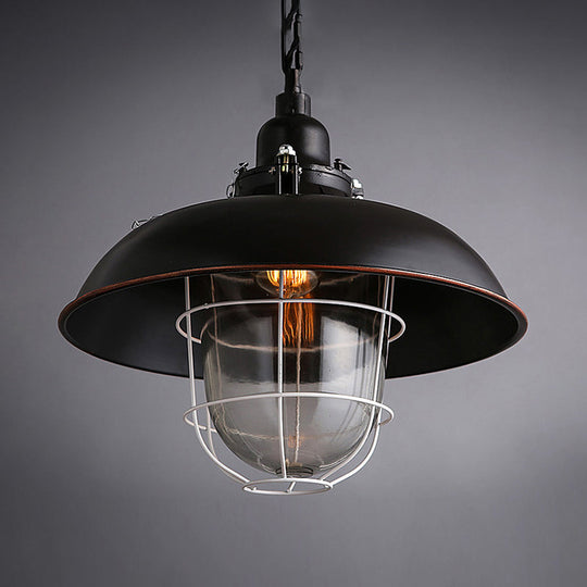 Industrial Black/Rust Metal and Glass Ceiling Light with Wire Cage - 1-Head Bowl Hanging Fixture for Restaurants