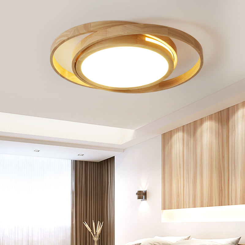 Wooden Ring LED Flush Mount Light - Nordic Style Beige Ceiling Lamp for Bedroom