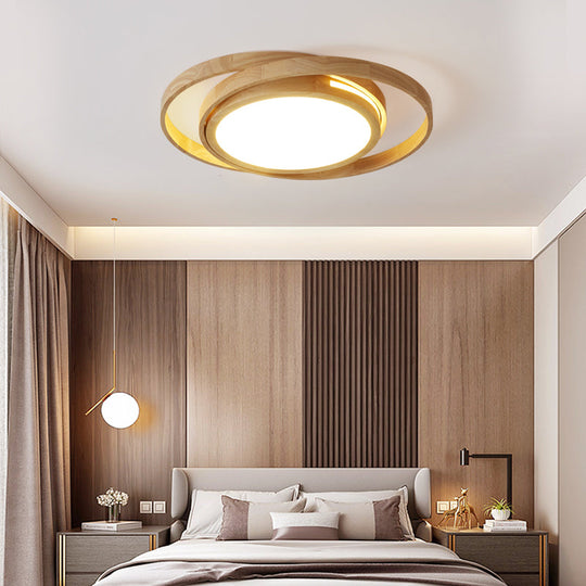 Wooden Ring LED Flush Mount Light - Nordic Style Beige Ceiling Lamp for Bedroom