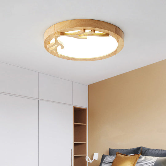 Plafonnier LED moderne en bois de cerf avec diffuseur en acrylique - Beige