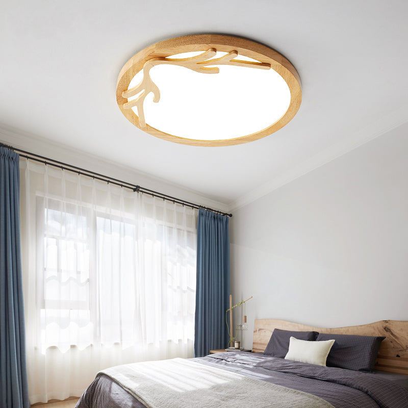 Plafonnier LED moderne en bois de cerf avec diffuseur en acrylique - Beige