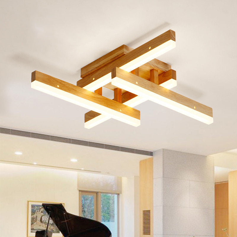 Beige Wooden Rectangular Semi Flush Mount Light Modern LED Ceiling Fixture for Contemporary Living Room