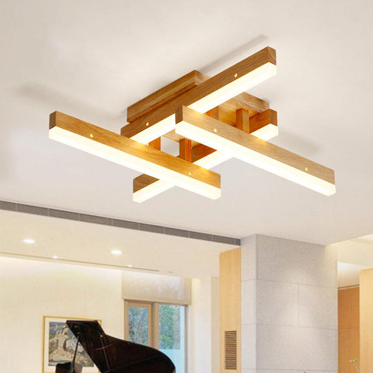 Contemporary Led Flush Ceiling Light In Beige - Rectangular Semi For Living Room Wood / Small Warm