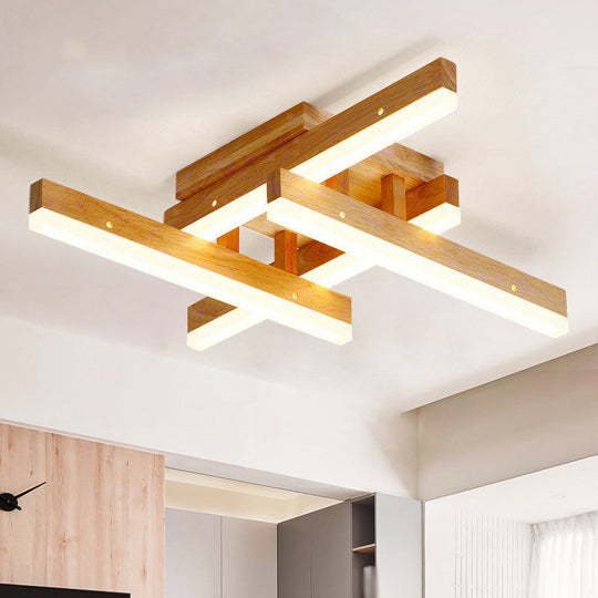 Beige Wooden Rectangular Semi Flush Mount Light Modern LED Ceiling Fixture for Contemporary Living Room