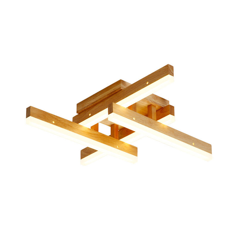 Beige Wooden Rectangular Semi Flush Mount Light Modern LED Ceiling Fixture for Contemporary Living Room