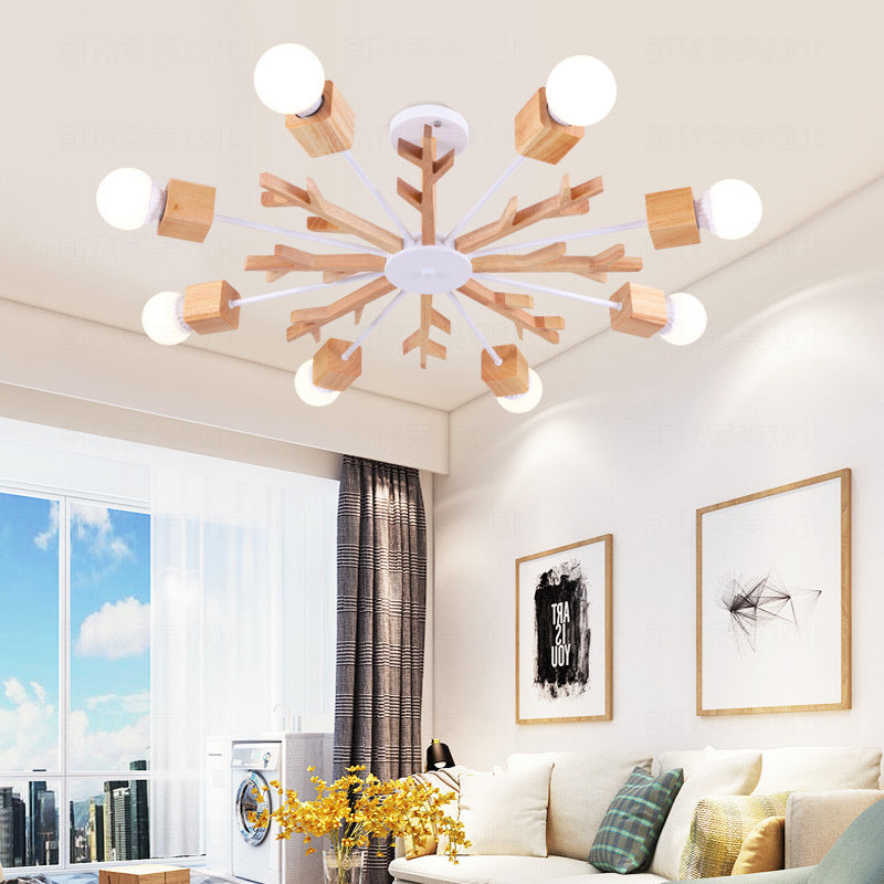 Wooden Nordic Beige LED Semi Flush Mount Ceiling Light for Bedroom