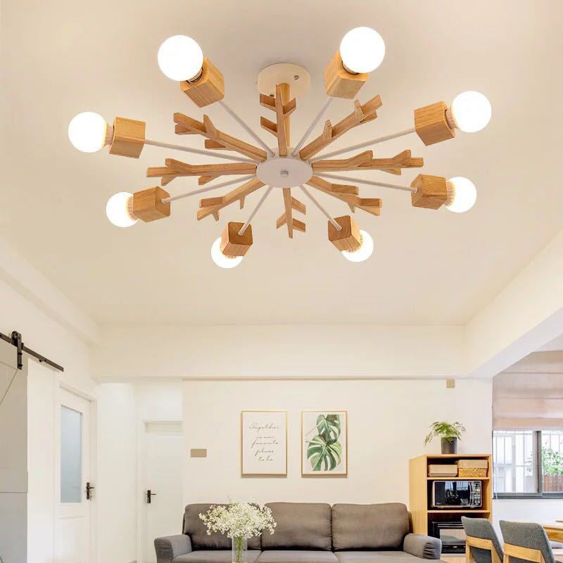 Wooden Nordic Beige LED Semi Flush Mount Ceiling Light for Bedroom